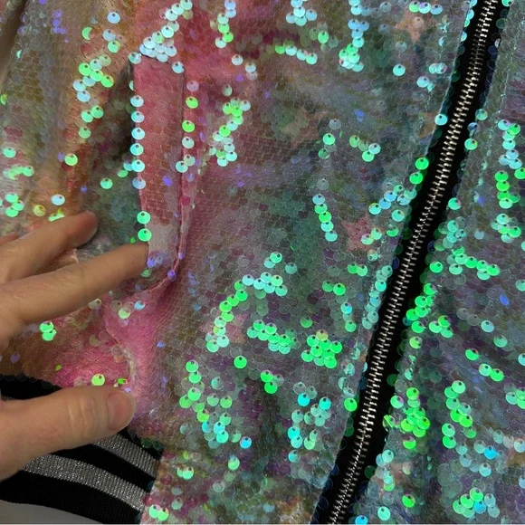 Lola + The Boys Care Bears Colorful Sequin Bomber Jacket